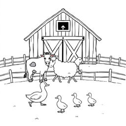 A black and white drawing illustrating a serene farm scene featuring a barn positioned prominently in the background