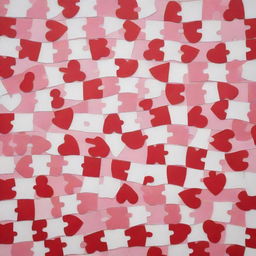 A heart-shaped puzzle, each piece intricately designed, using the stylings of vector art. Variations of reds, pinks, and whites color the image, providing a bright and eye-catching display