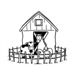 A black and white drawing depicting a simple farm scene featuring a barn with several animals gathered in front of it