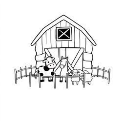 A black and white drawing depicting a simple farm scene featuring a barn with several animals gathered in front of it