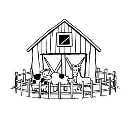 A black and white drawing depicting a simple farm scene featuring a barn with several animals gathered in front of it