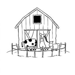 A black and white drawing depicting a simple farm scene featuring a barn with several animals gathered in front of it