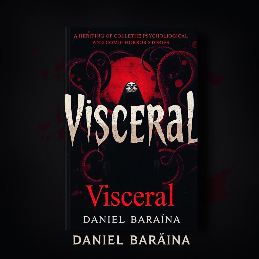 A haunting book cover design for a collection of psychological and cosmic horror stories titled 'Visceral' by Daniel Baraúna