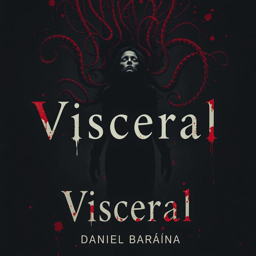 A haunting book cover design for a collection of psychological and cosmic horror stories titled 'Visceral' by Daniel Baraúna