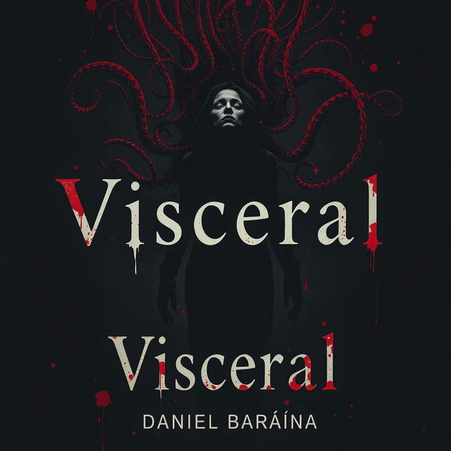 A haunting book cover design for a collection of psychological and cosmic horror stories titled 'Visceral' by Daniel Baraúna