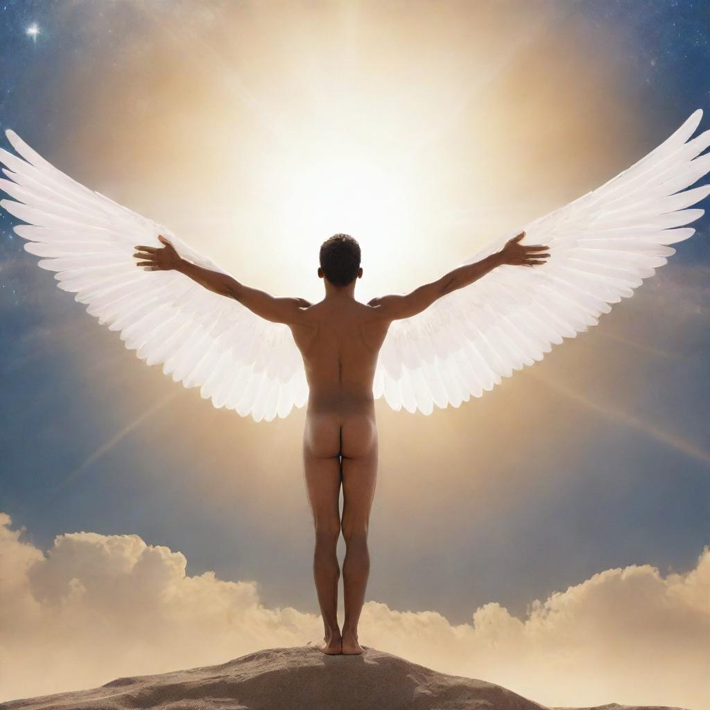 A man, transformed into a celestial being, exuding confidence with enlarged, graceful wings stretching out from his back, a warm halo above his head, and a serene, inspiring background.