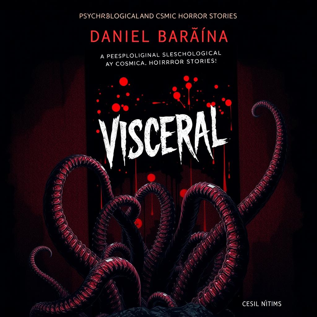 A striking book cover design for a collection of psychological and cosmic horror stories titled 'Visceral' by Daniel Baraúna