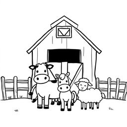 A black and white drawing showcasing a simple farm scene featuring a barn with several animals gathered in front of it