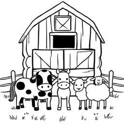 A black and white drawing showcasing a simple farm scene featuring a barn with several animals gathered in front of it