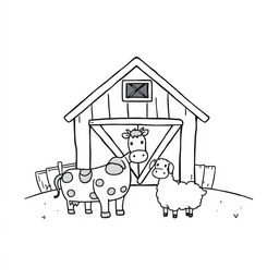 A black and white drawing showcasing a simple farm scene featuring a barn with several animals gathered in front of it