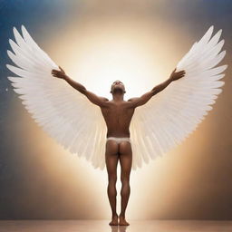 A man, transformed into a celestial being, exuding confidence with enlarged, graceful wings stretching out from his back, a warm halo above his head, and a serene, inspiring background.