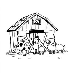 A black and white drawing showcasing a simple farm scene featuring a barn with several animals gathered in front of it