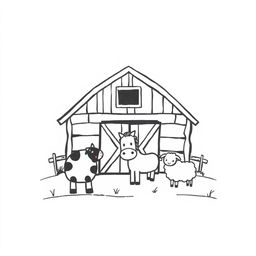 A black and white drawing featuring a simple farm scene with a barn in the center and several animals gathered in front of it