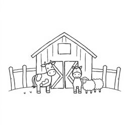 A black and white drawing featuring a simple farm scene with a barn in the center and several animals gathered in front of it