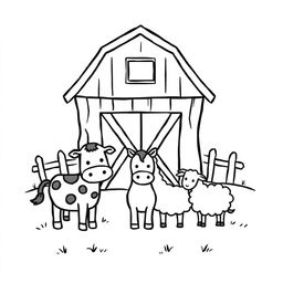 A black and white drawing featuring a simple farm scene with a barn in the center and several animals gathered in front of it