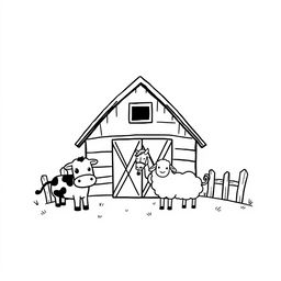 A black and white drawing featuring a simple farm scene with a barn in the center and several animals gathered in front of it