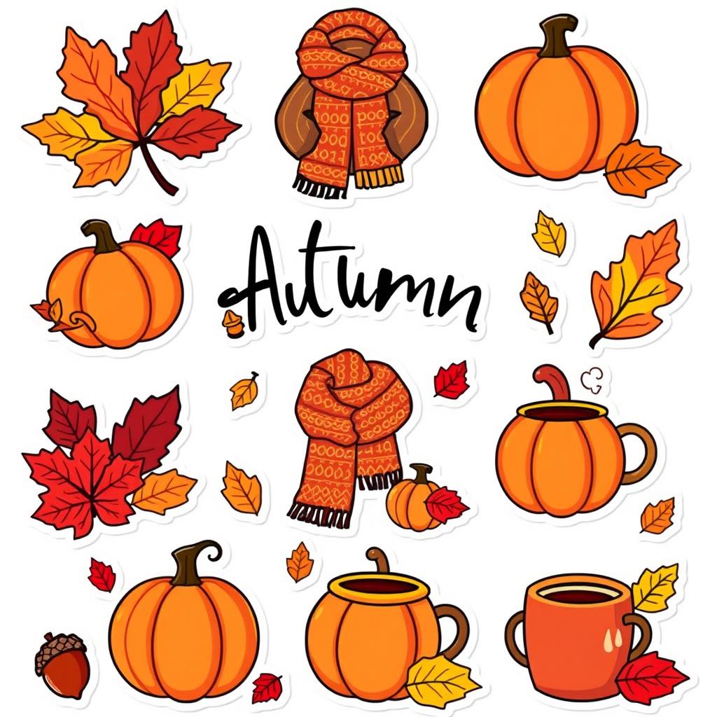 A vibrant collection of 9 autumn-themed stickers featuring colorful leaves, pumpkins, acorns, and cozy elements like knitted scarves and hot drinks, all displayed against a clean white background