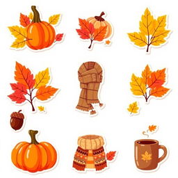 A vibrant collection of 9 autumn-themed stickers featuring colorful leaves, pumpkins, acorns, and cozy elements like knitted scarves and hot drinks, all displayed against a clean white background