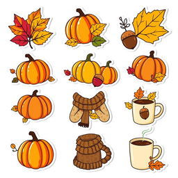 A vibrant collection of 9 autumn-themed stickers featuring colorful leaves, pumpkins, acorns, and cozy elements like knitted scarves and hot drinks, all displayed against a clean white background