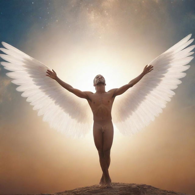 A man, transformed into a celestial being, exuding confidence with enlarged, graceful wings stretching out from his back, a warm halo above his head, and a serene, inspiring background.