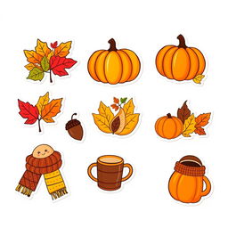 A vibrant collection of 9 autumn-themed stickers featuring colorful leaves, pumpkins, acorns, and cozy elements like knitted scarves and hot drinks, all displayed against a clean white background