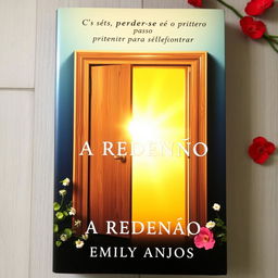 A book cover featuring a slightly open wooden door with a natural finish in shades of brown, emanating bright light from within