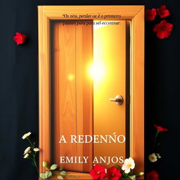 A book cover featuring a slightly open wooden door with a natural finish in shades of brown, emanating bright light from within