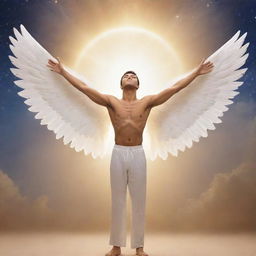 A man, transformed into a celestial being, exuding confidence with enlarged, graceful wings stretching out from his back, a warm halo above his head, and a serene, inspiring background.