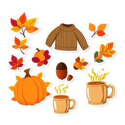 A bright and cheerful collection of 9 autumn-themed stickers showcasing colorful designs featuring elements like vibrant leaves, pumpkins, cozy sweaters, acorns, and steaming mugs of cider, all set against a pristine white background