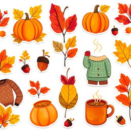 A bright and cheerful collection of 9 autumn-themed stickers showcasing colorful designs featuring elements like vibrant leaves, pumpkins, cozy sweaters, acorns, and steaming mugs of cider, all set against a pristine white background