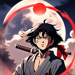 Anime profile picture of a rugged samurai boy smoking a cigarette with a katana under moonlight, encased in a red ink ensō circle.