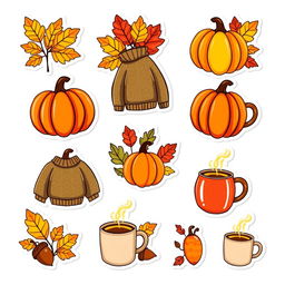 A bright and cheerful collection of 9 autumn-themed stickers showcasing colorful designs featuring elements like vibrant leaves, pumpkins, cozy sweaters, acorns, and steaming mugs of cider, all set against a pristine white background