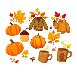 A bright and cheerful collection of 9 autumn-themed stickers showcasing colorful designs featuring elements like vibrant leaves, pumpkins, cozy sweaters, acorns, and steaming mugs of cider, all set against a pristine white background