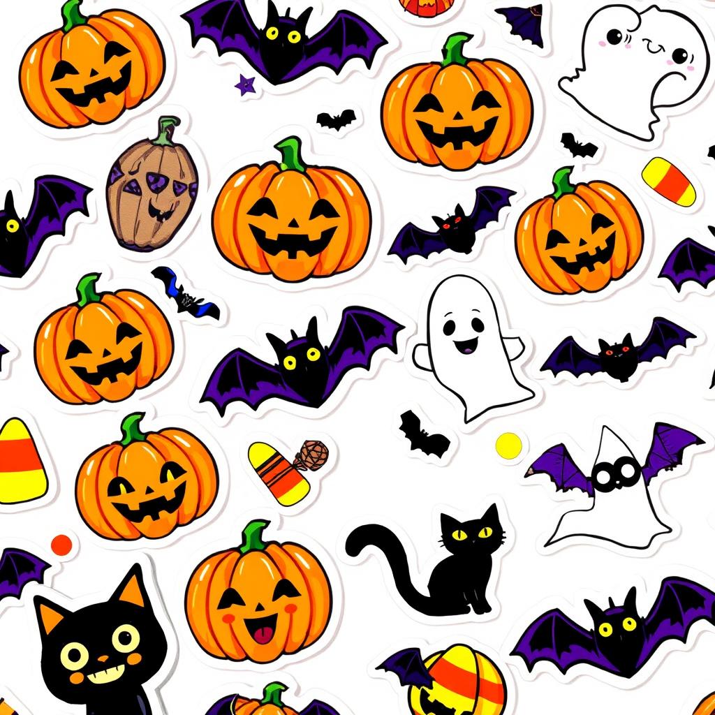 A vibrant collection of Halloween-themed stickers featuring bright and playful designs such as pumpkins with cute faces, friendly ghosts, black cats, bats, candy corn, and spooky decorations, all set against a clean white background