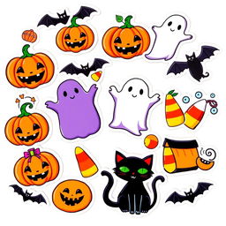 A vibrant collection of Halloween-themed stickers featuring bright and playful designs such as pumpkins with cute faces, friendly ghosts, black cats, bats, candy corn, and spooky decorations, all set against a clean white background