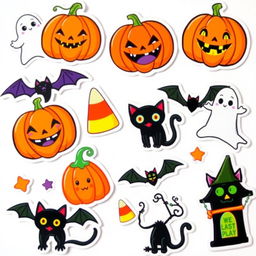 A vibrant collection of Halloween-themed stickers featuring bright and playful designs such as pumpkins with cute faces, friendly ghosts, black cats, bats, candy corn, and spooky decorations, all set against a clean white background