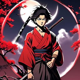 Anime profile picture of a rugged samurai boy smoking a cigarette with a katana under moonlight, encased in a red ink ensō circle.