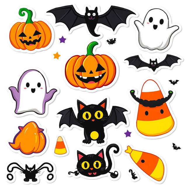 A vibrant collection of Halloween-themed stickers featuring bright and playful designs such as pumpkins with cute faces, friendly ghosts, black cats, bats, candy corn, and spooky decorations, all set against a clean white background