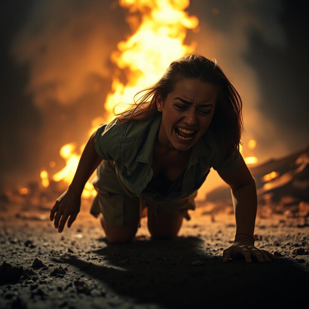 A scene depicting a woman crawling on the ground, distressed and struggling as she moves away from a fire