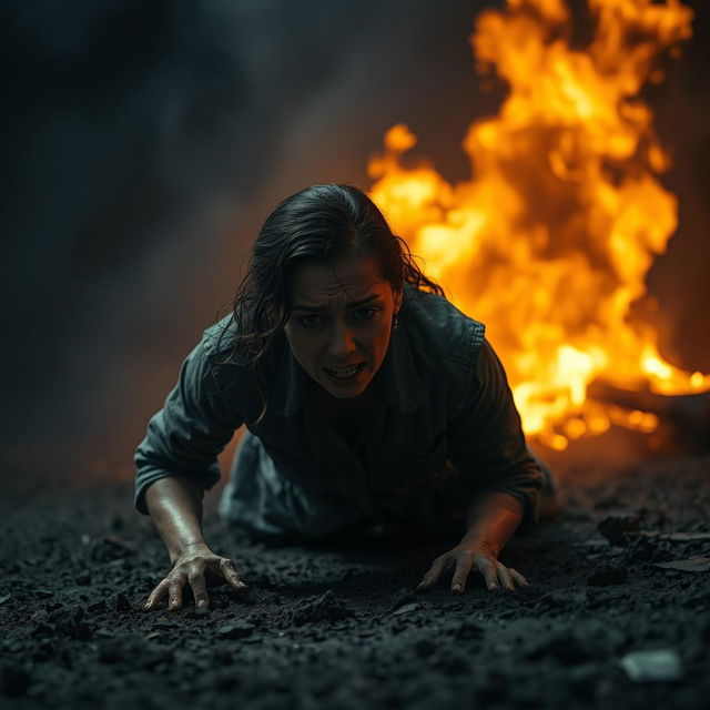 A scene depicting a woman crawling on the ground, distressed and struggling as she moves away from a fire