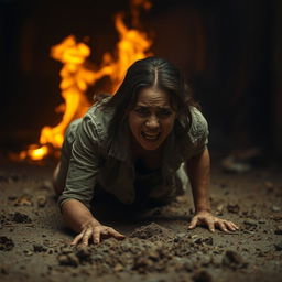 A scene depicting a woman crawling on the ground, distressed and struggling as she moves away from a fire