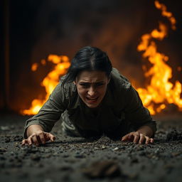 A scene depicting a woman crawling on the ground, distressed and struggling as she moves away from a fire