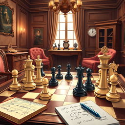 A detailed and aesthetically pleasing illustration depicting chess strategies, showcasing tactics like interference on an elegant chessboard