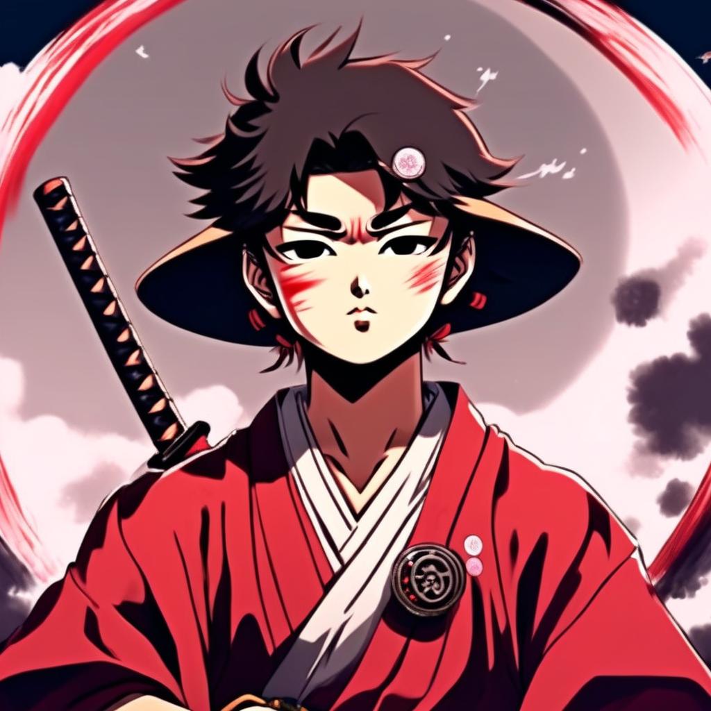 Anime profile picture of a rugged samurai boy smoking a cigarette with a katana under moonlight, encased in a red ink ensō circle.