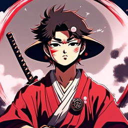 Anime profile picture of a rugged samurai boy smoking a cigarette with a katana under moonlight, encased in a red ink ensō circle.