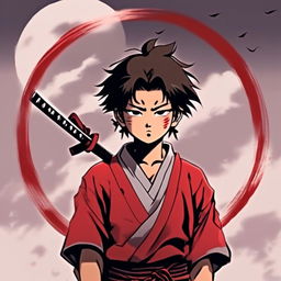 Anime profile picture of a rugged samurai boy smoking a cigarette with a katana under moonlight, encased in a red ink ensō circle.