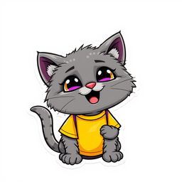 A vibrant sticker featuring a gray Pallas's cat (manul) wearing a bright yellow and purple t-shirt, looking playful and adorable