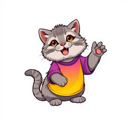 A vibrant sticker featuring a gray Pallas's cat (manul) wearing a bright yellow and purple t-shirt, looking playful and adorable