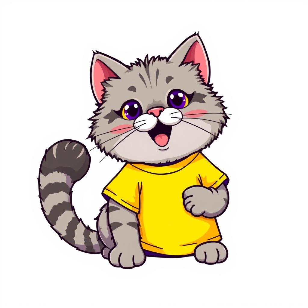 A vibrant sticker featuring a gray Pallas's cat (manul) wearing a bright yellow and purple t-shirt, looking playful and adorable