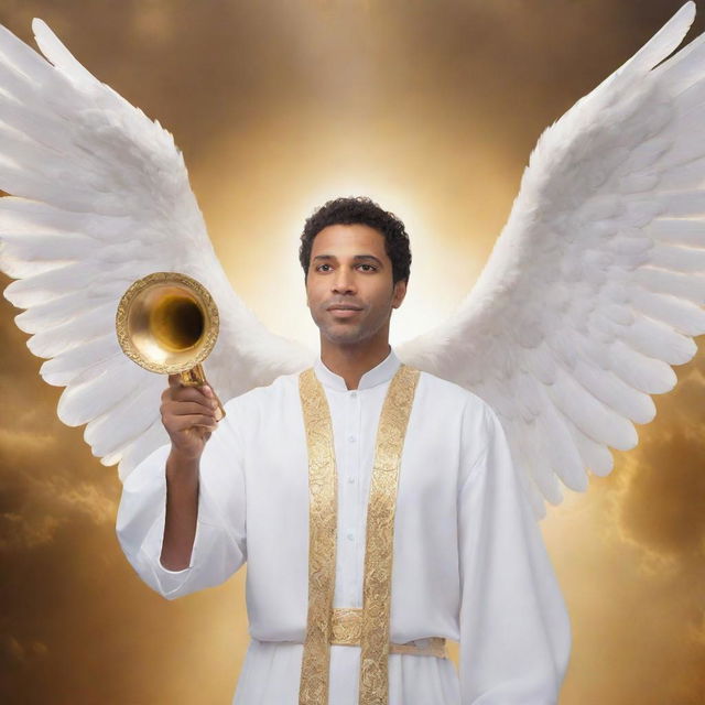 A confident man turned angel, styled in traditional biblical attire with gleaming white wings, a vibrant halo, holding a golden trumpet, set against a heavenly backdrop. The image reflects an accurate depiction based on biblical descriptions.